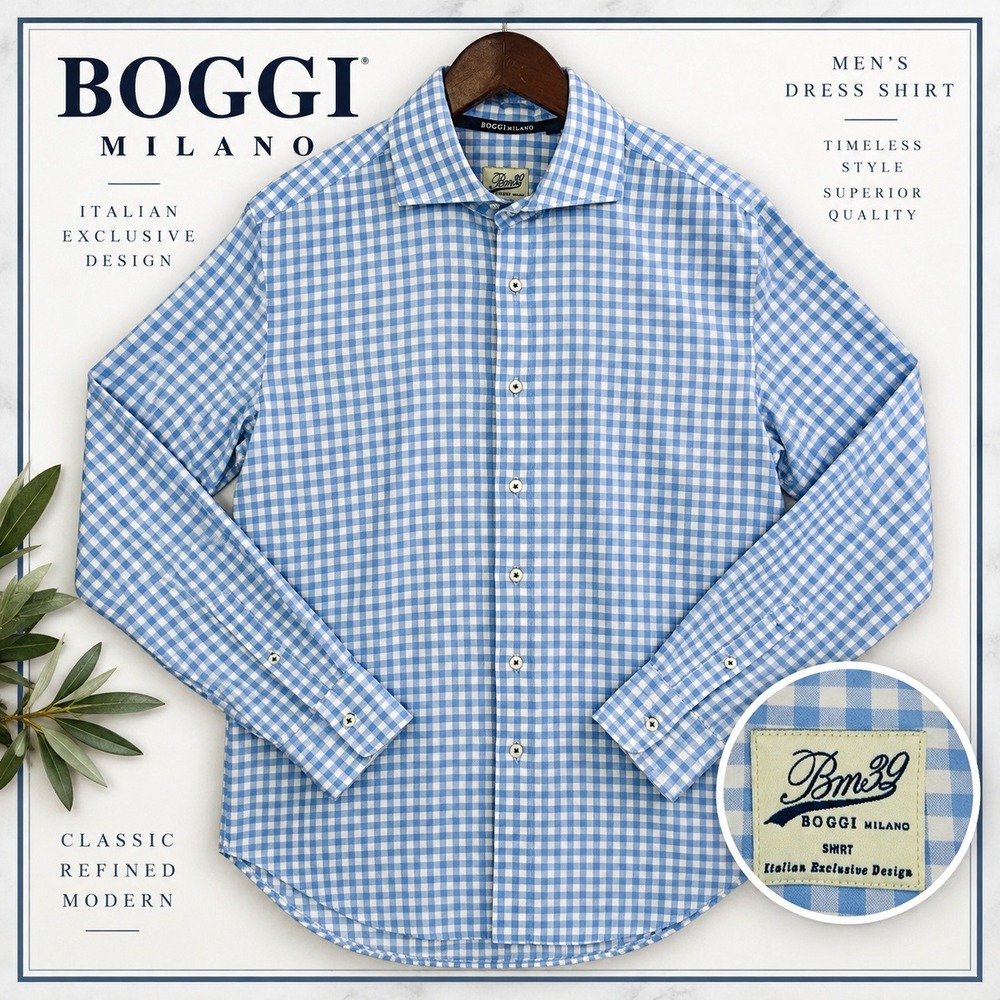 Boggi Milano BM39 Dress Shirt Mens L Blue White Gingham Check Italian Design